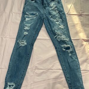 American Eagle Outfitters Blue Skinny Jeans with Distressed Details